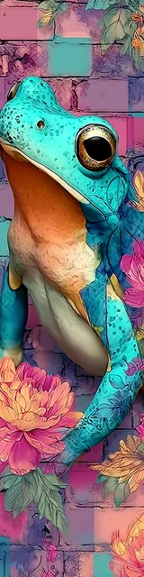 Free printable frog bookmark featuring neon blue frog with colorful grid background